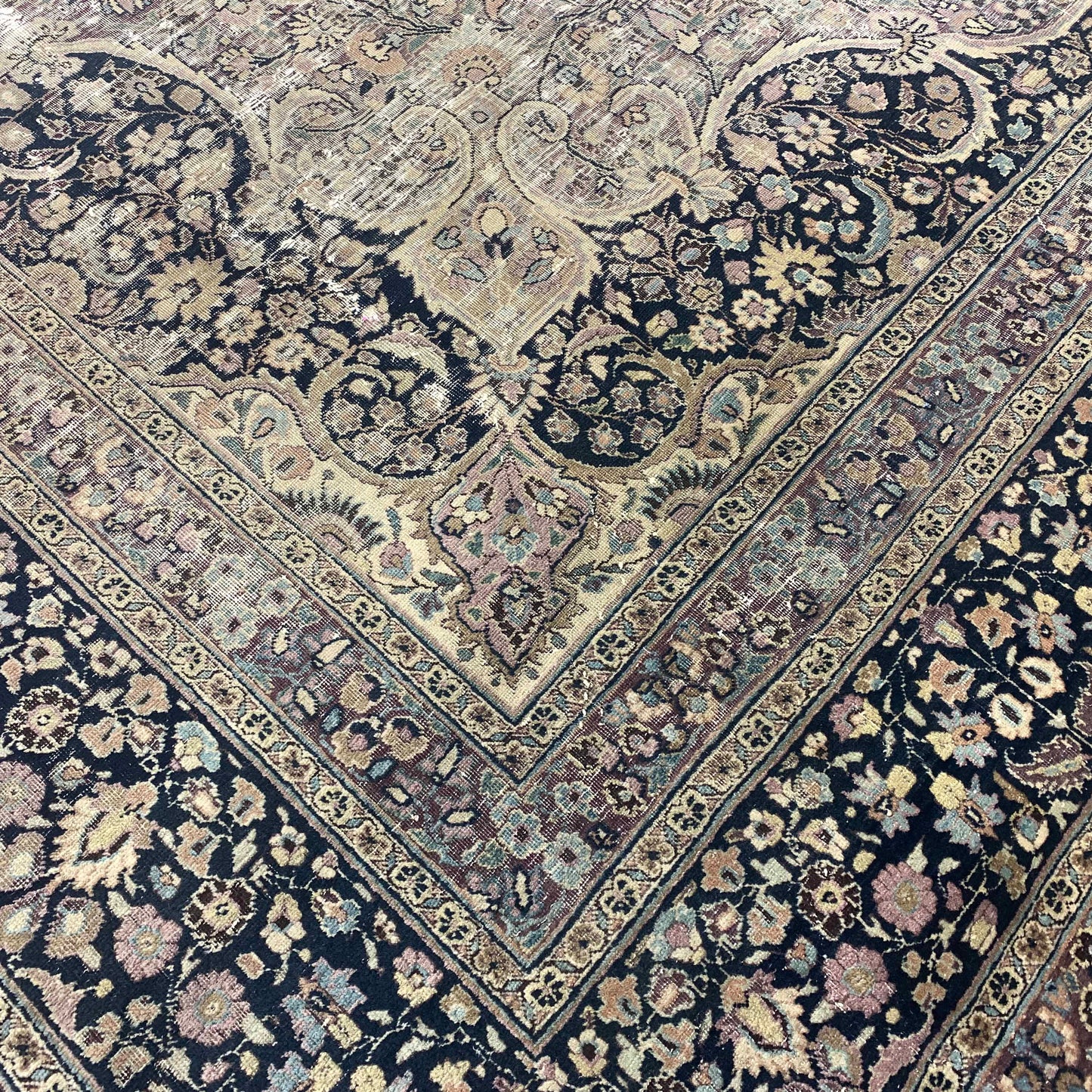 Camel and Black, Pure Wool Antique Handknotted 13.8x15.5Ft 417x470Cms Area Rug