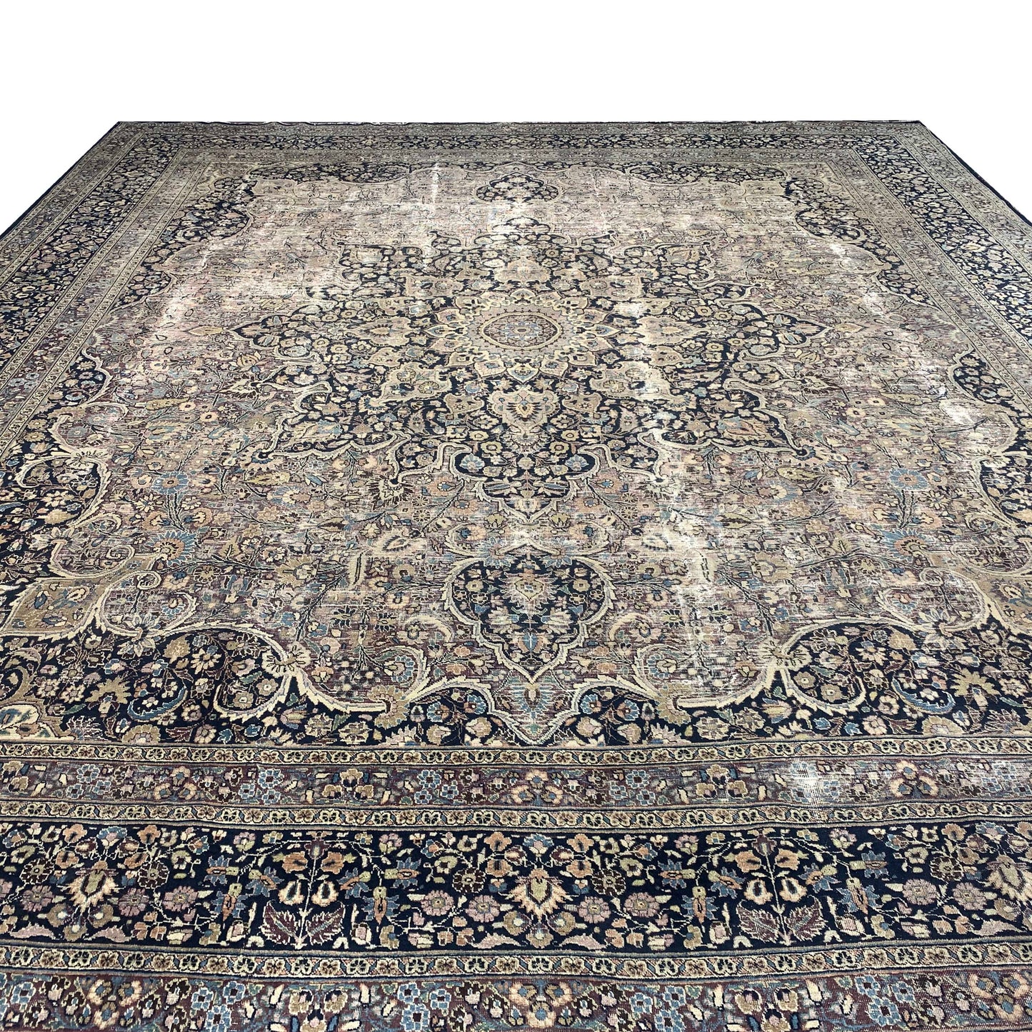 Camel and Black, Pure Wool Antique Handknotted 13.8x15.5Ft 417x470Cms Area Rug