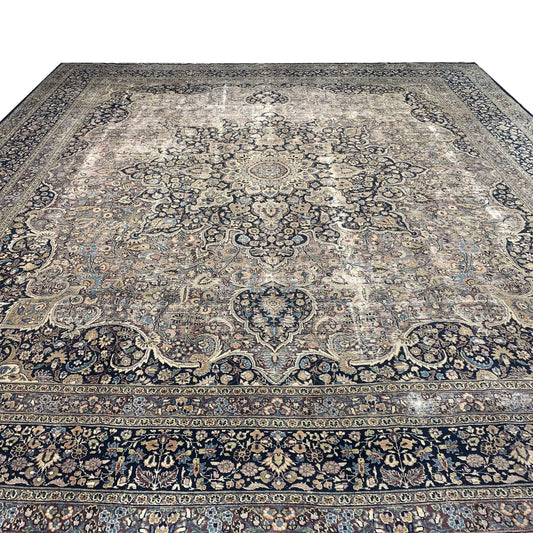 Camel and Black, Pure Wool Antique Handknotted 13.8x15.5Ft 417x470Cms Area Rug