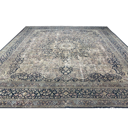 Camel and Black, Pure Wool Antique Handknotted 13.8x15.5Ft 417x470Cms Area Rug