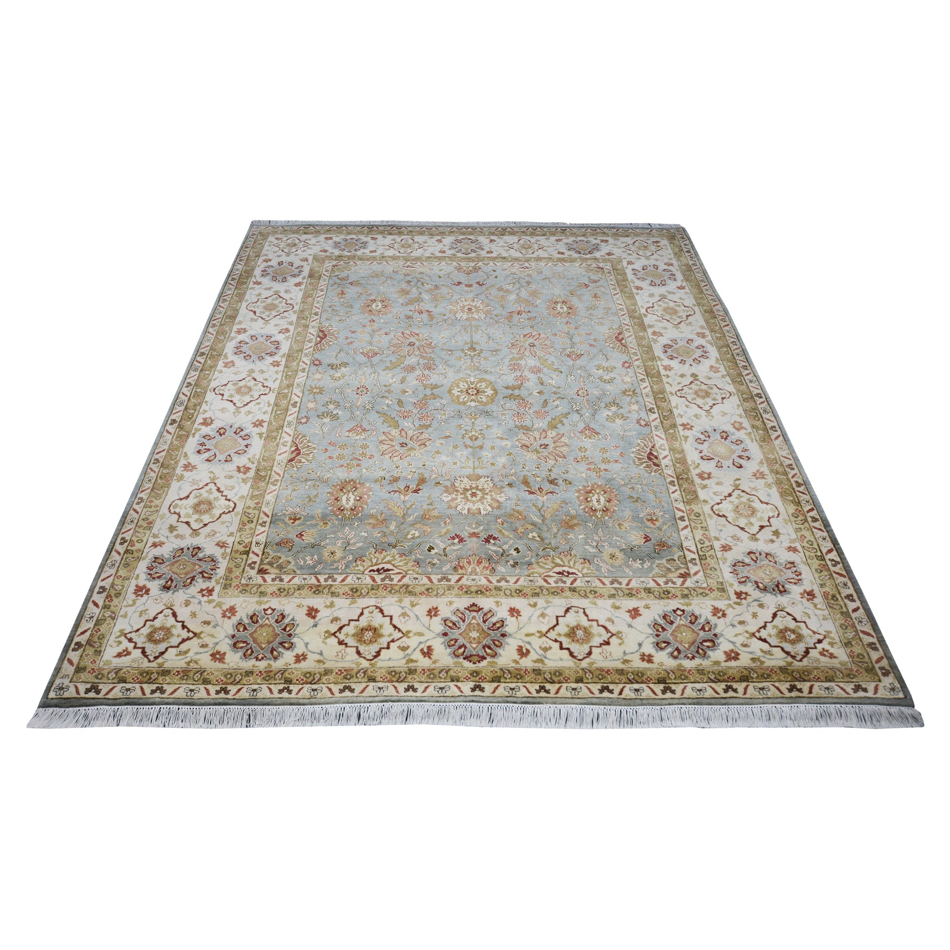 Get trendy with Floral Light Blue, Brown, Ivory and Red Traditional Pure Wool Jaipur Handknotted Area Rug - Contemporary Rugs available at Jaipur Oriental Rugs. Grab yours for $3175.00 today!