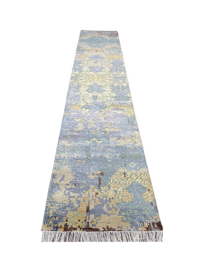 Ivory and Blue Silk and Wool Modern Handknotted Runner Rug 2.5X13.9ft 74X417cms