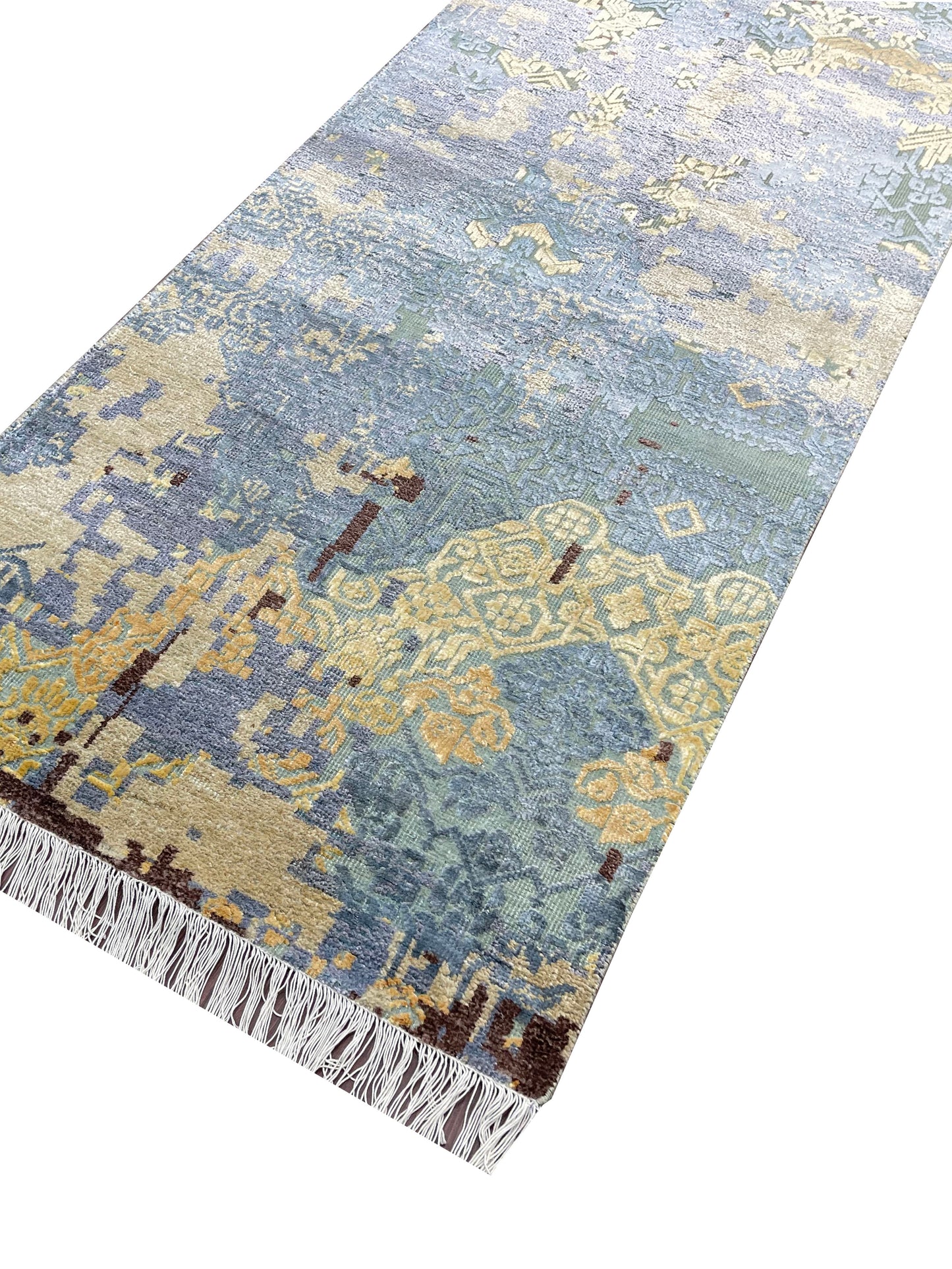 Ivory and Blue Silk and Wool Modern Handknotted Runner Rug 2.5X13.9ft 74X417cms