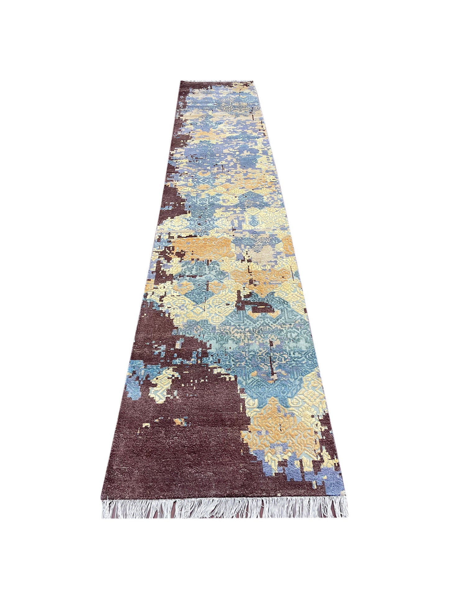 Ivory and Blue Silk and Wool Modern Handknotted Runner Rug 2.5X13.9ft 74X417cms