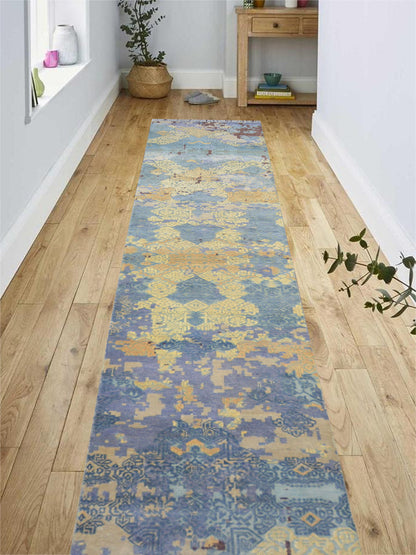 Ivory and Blue Silk and Wool Modern Handknotted Runner Rug 2.5X13.9ft 74X417cms