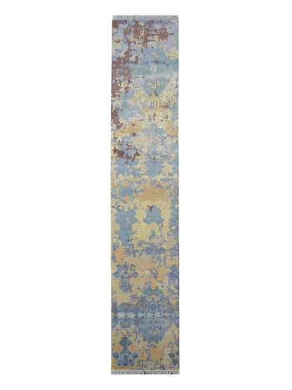 Ivory and Blue Silk and Wool Modern Handknotted Runner Rug 2.5X13.9ft 74X417cms