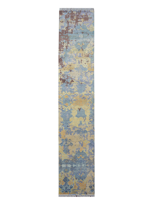 Ivory and Blue Silk and Wool Modern Handknotted Runner Rug 2.5X13.9ft 74X417cms