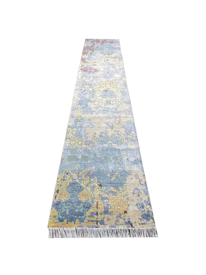 Ivory and Blue Silk and Wool Modern Handknotted Runner Rug 2.5X13.9ft 74X417cms