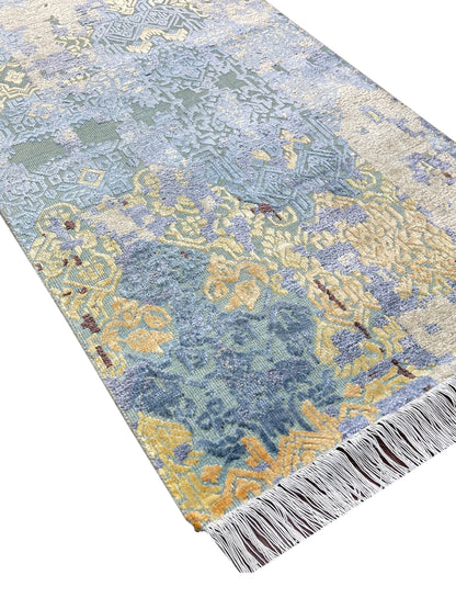 Ivory and Blue Silk and Wool Modern Handknotted Runner Rug 2.5X13.9ft 74X417cms