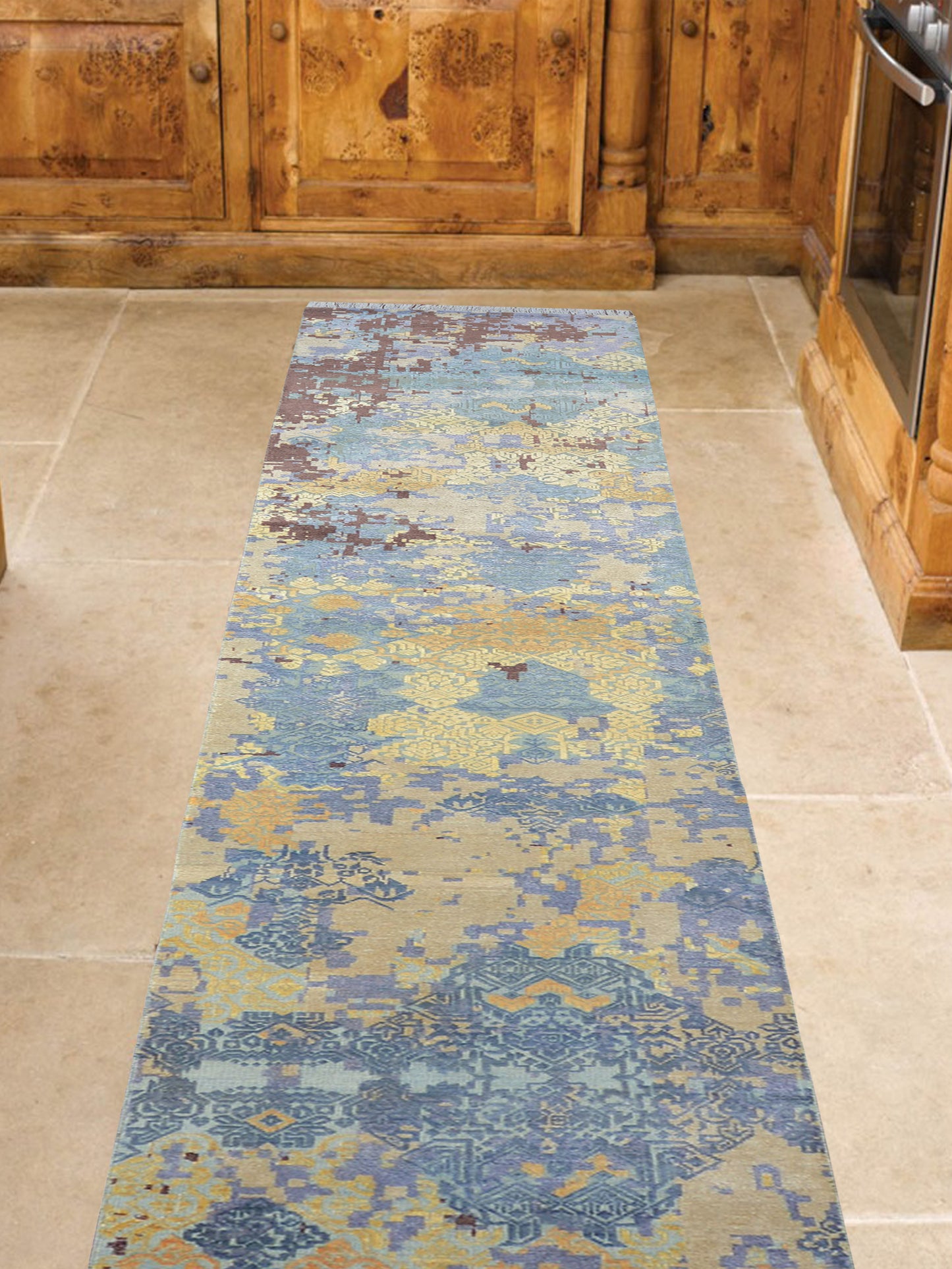 Ivory and Blue Silk and Wool Modern Handknotted Runner Rug 2.5X13.9ft 74X417cms