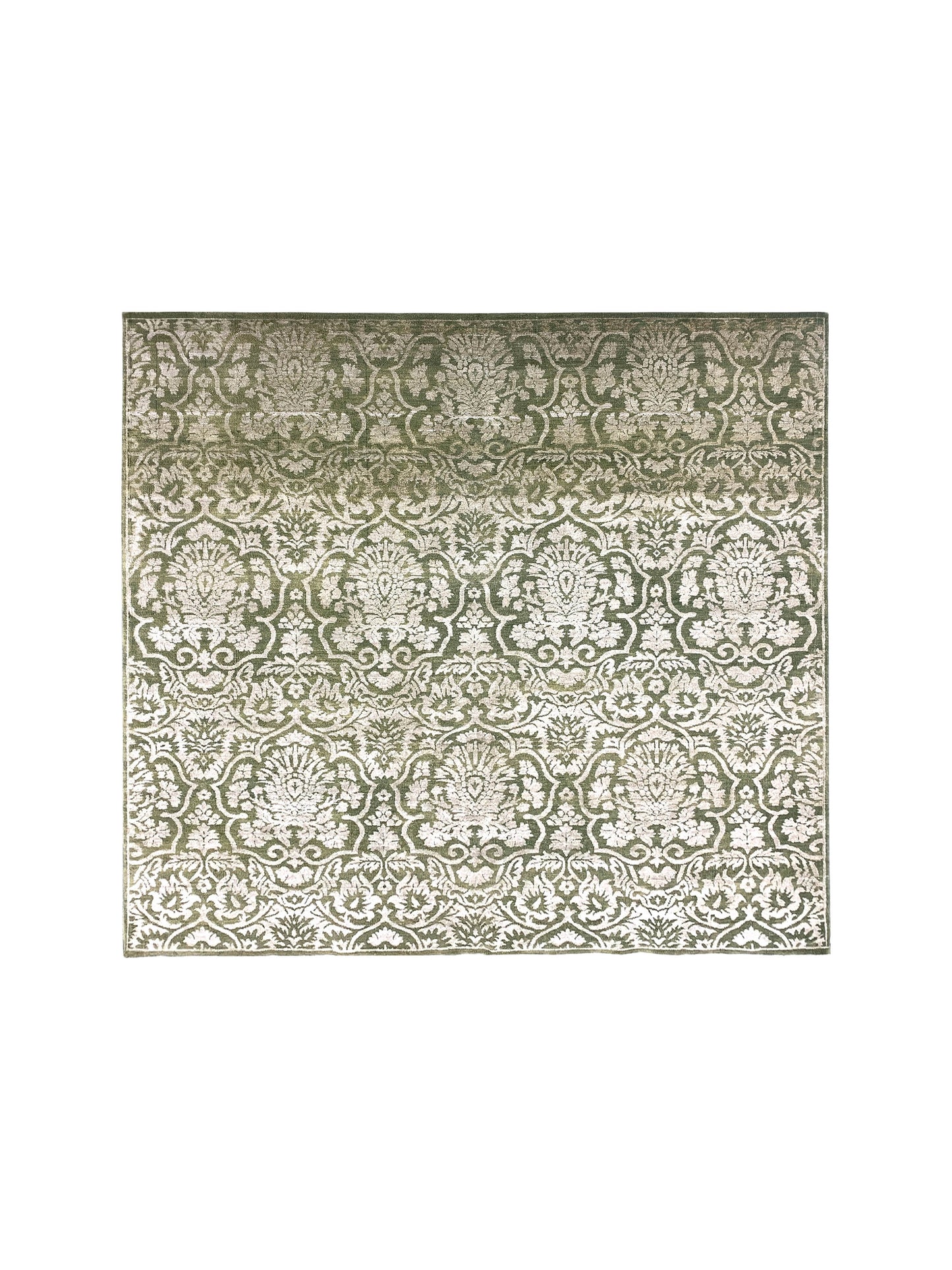 Green and Ivory, Silk and Wool Oxidized Assorted Transitional Handknotted 7.10x8.7Ft 240x262Cms Area Rug