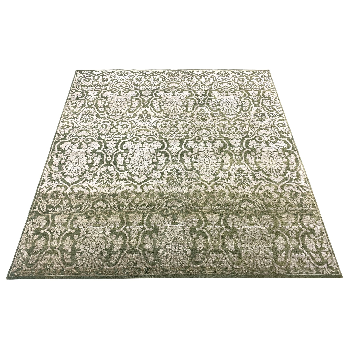 Green and Ivory, Silk and Wool Oxidized Assorted Transitional Handknotted 7.10x8.7Ft 240x262Cms Area Rug