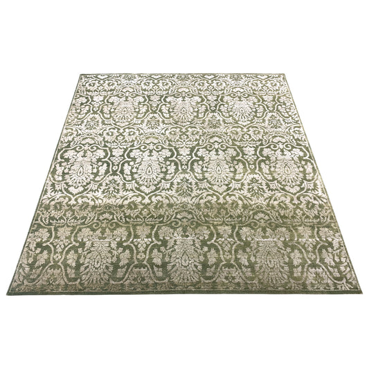 Green and Ivory, Silk and Wool Oxidized Assorted Transitional Handknotted 7.10x8.7Ft 240x262Cms Area Rug