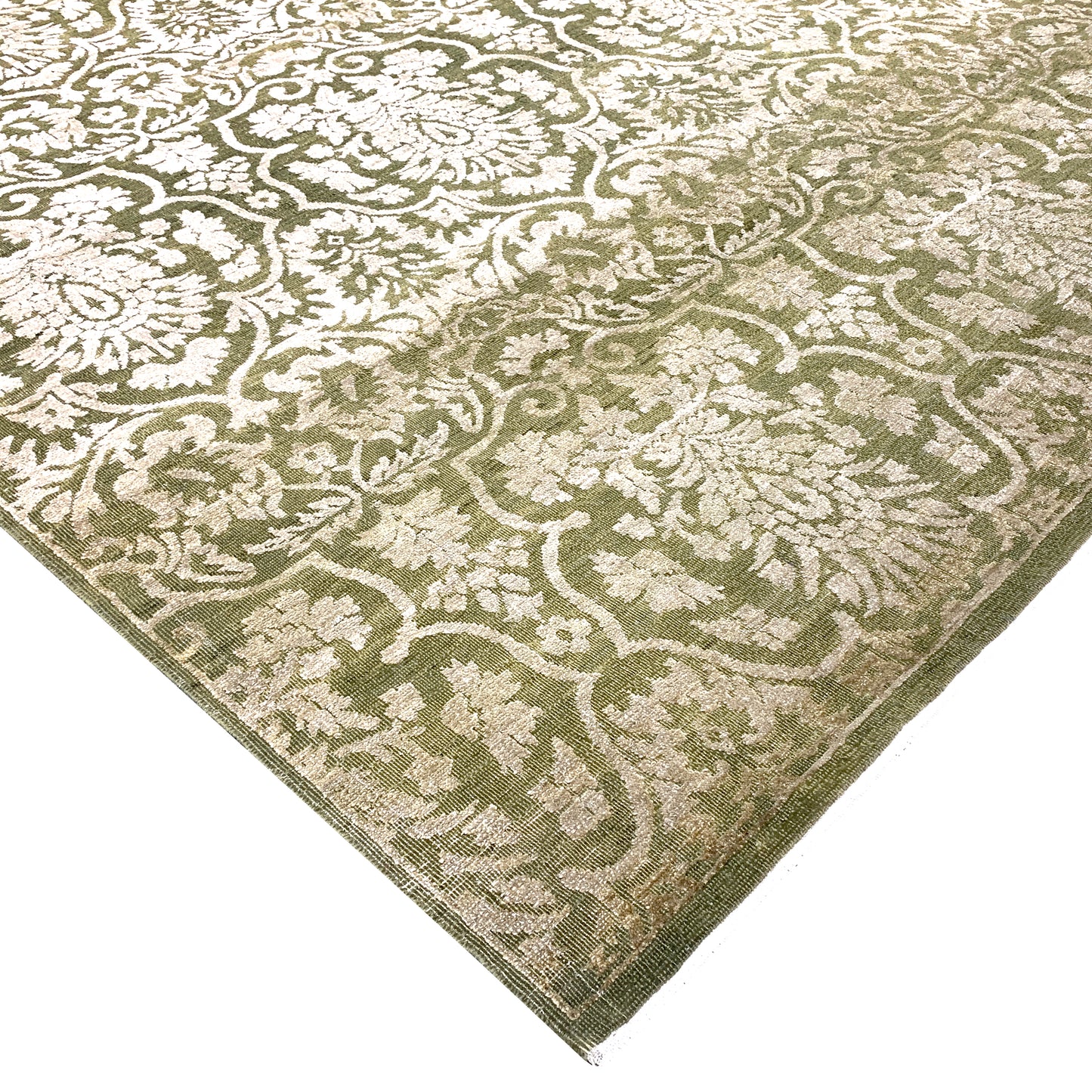Green and Ivory, Silk and Wool Oxidized Assorted Transitional Handknotted 7.10x8.7Ft 240x262Cms Area Rug