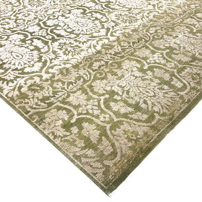 Green and Ivory, Silk and Wool Oxidized Assorted Transitional Handknotted 7.10x8.7Ft 240x262Cms Area Rug