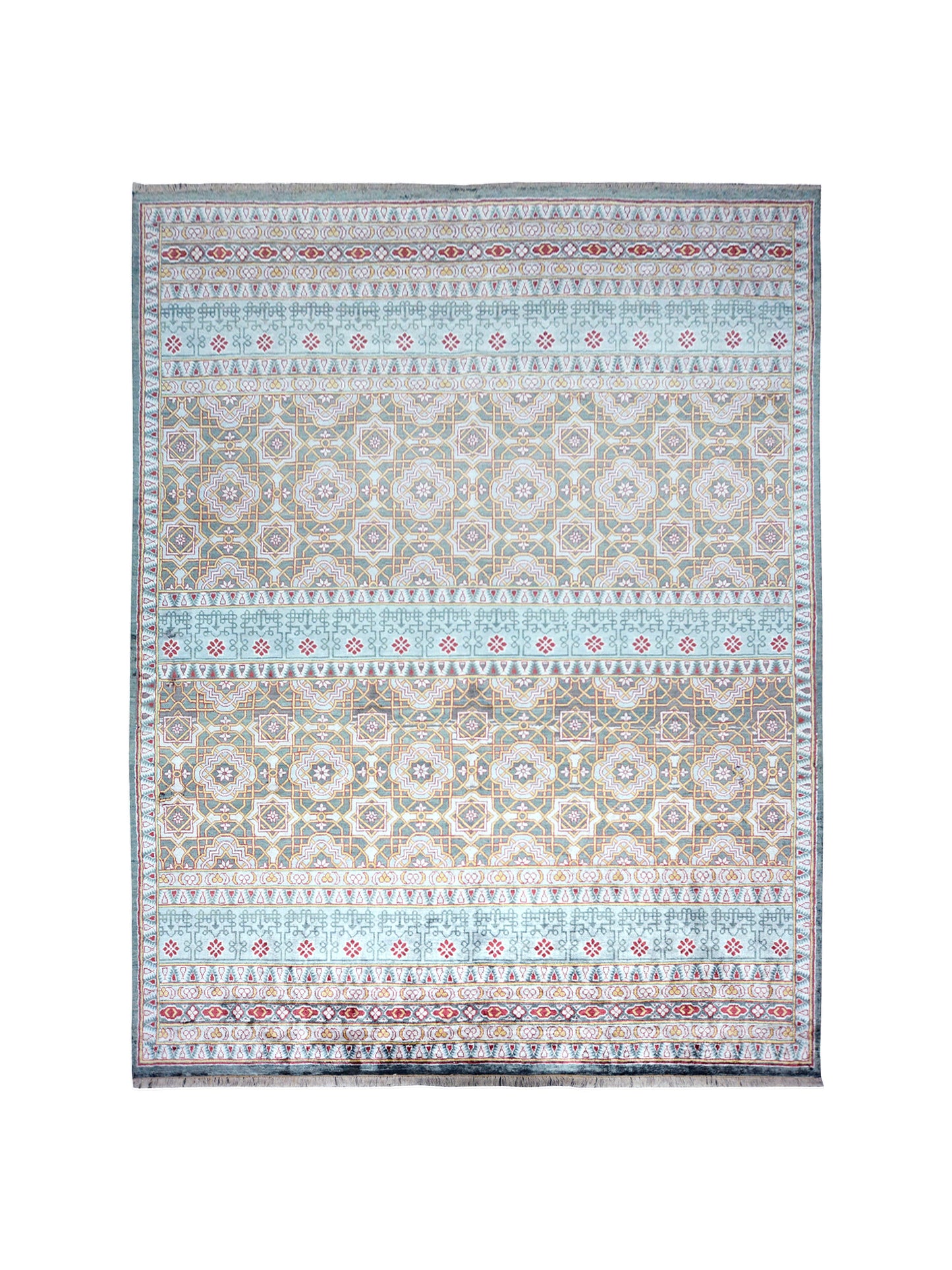 Garden Green, Silver and Blue Transitional Geometrical Pure Silk Handknotted Area Rug