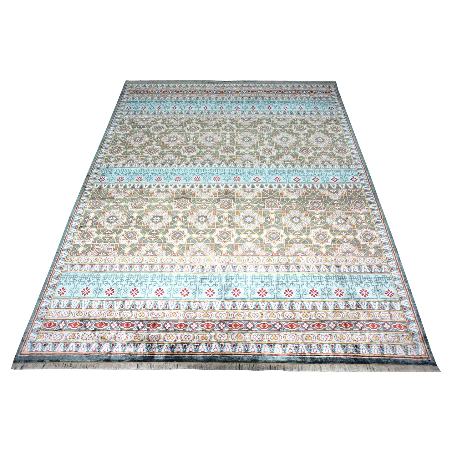 Garden Green, Silver and Blue Transitional Geometrical Pure Silk Handknotted Area Rug