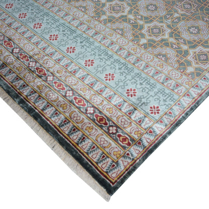 Garden Green, Silver and Blue Transitional Geometrical Pure Silk Handknotted Area Rug