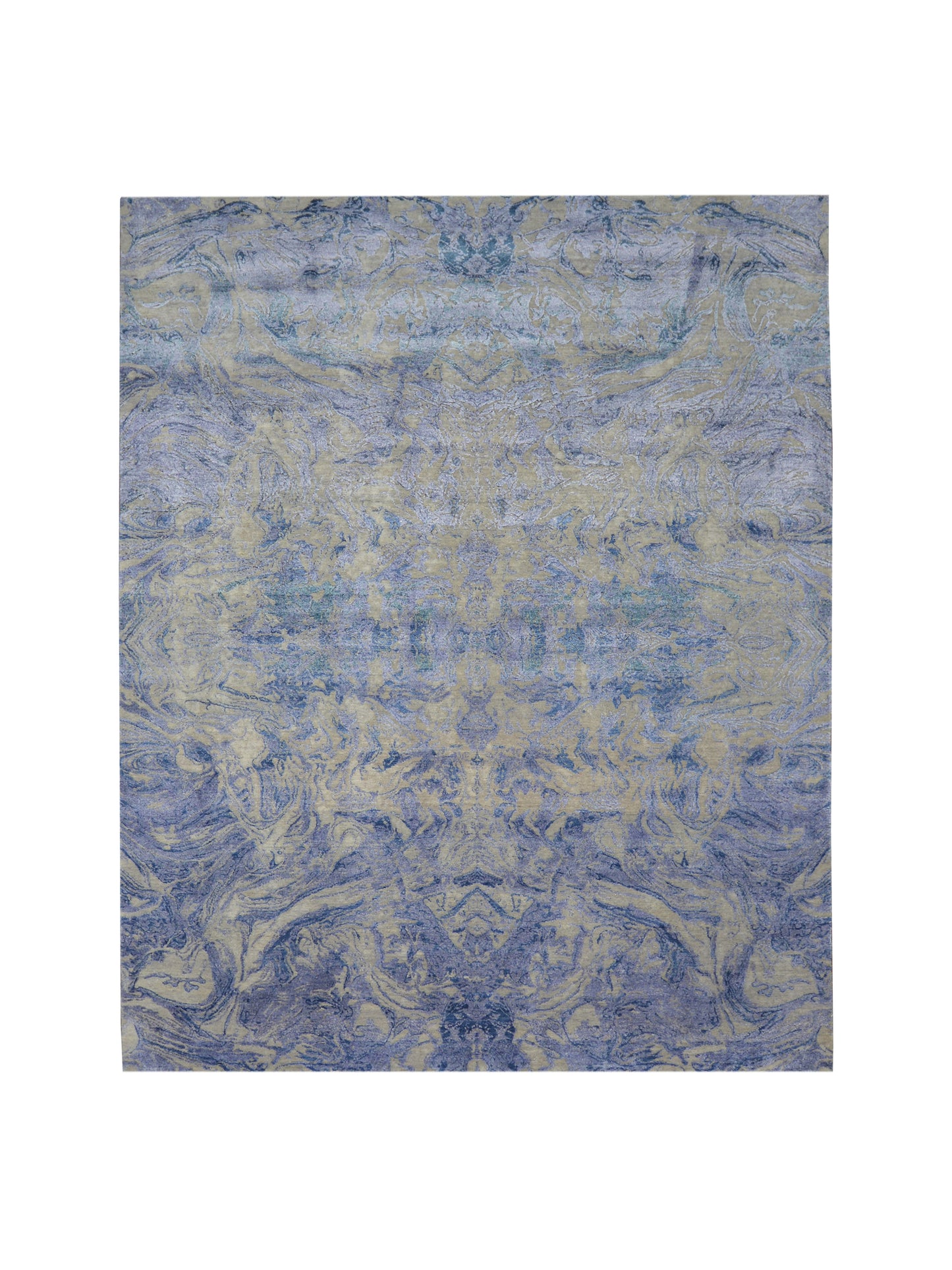 D.Blue and Beige, Viscose and Carved Wool Modern Handknotted 8.0x10.1Ft 244x307Cms Area Rug