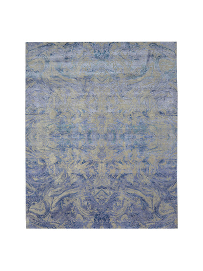 D.Blue and Beige, Viscose and Carved Wool Modern Handknotted 8.0x10.1Ft 244x307Cms Area Rug