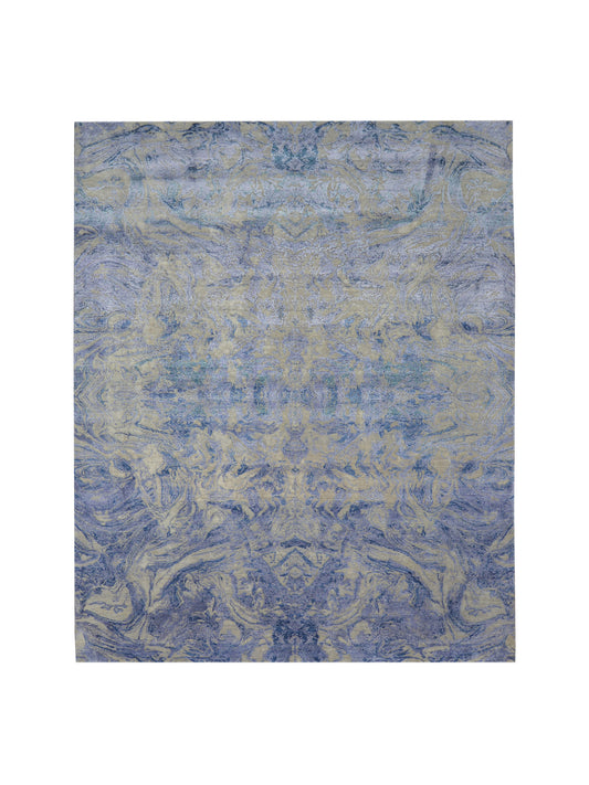 D.Blue and Beige, Viscose and Carved Wool Modern Handknotted 8.0x10.1Ft 244x307Cms Area Rug