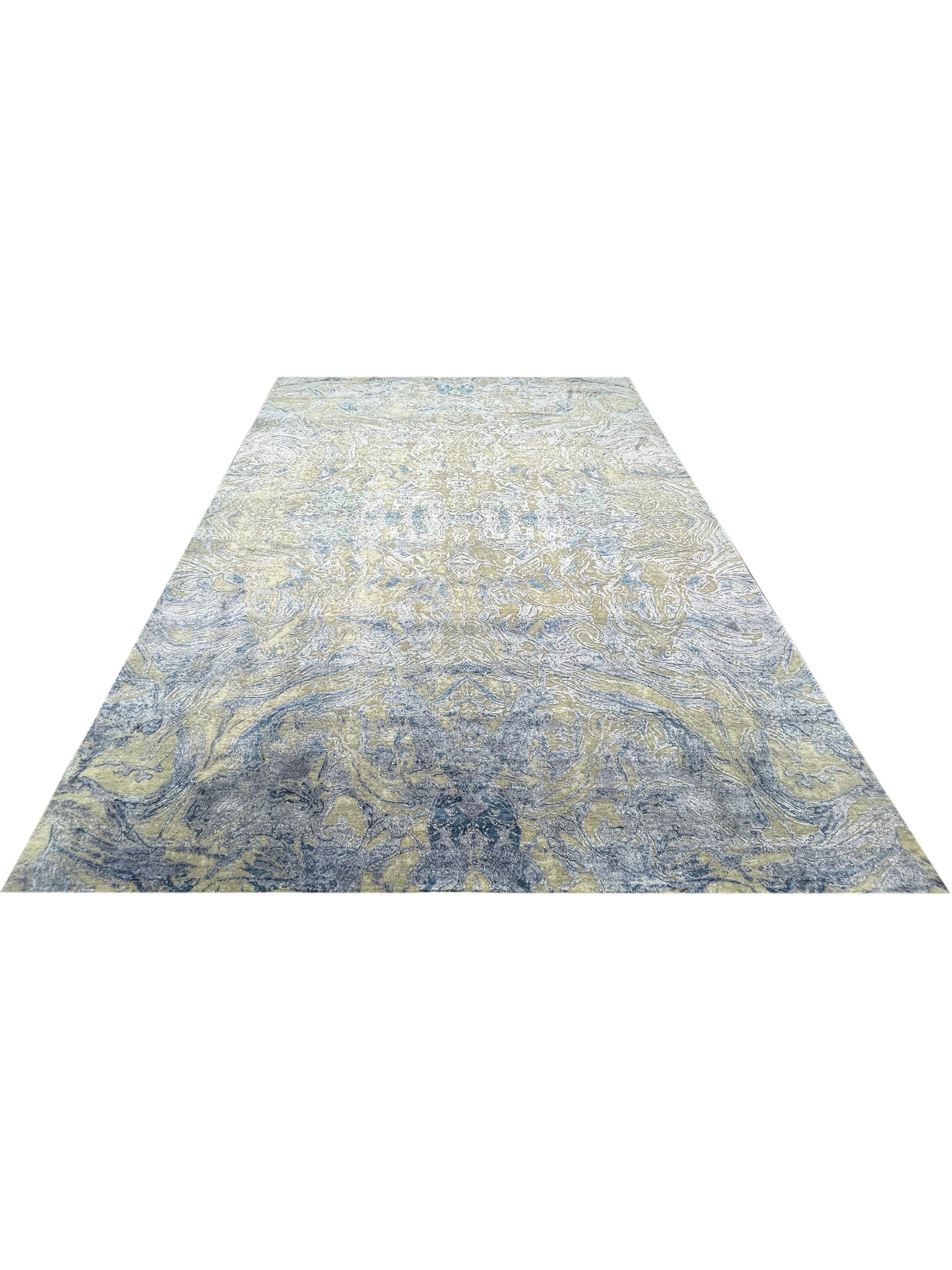 D.Blue and Beige, Viscose and Carved Wool Modern Handknotted 8.0x10.1Ft 244x307Cms Area Rug