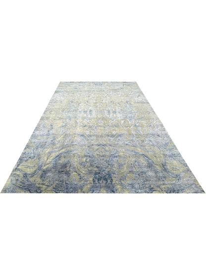 D.Blue and Beige, Viscose and Carved Wool Modern Handknotted 8.0x10.1Ft 244x307Cms Area Rug