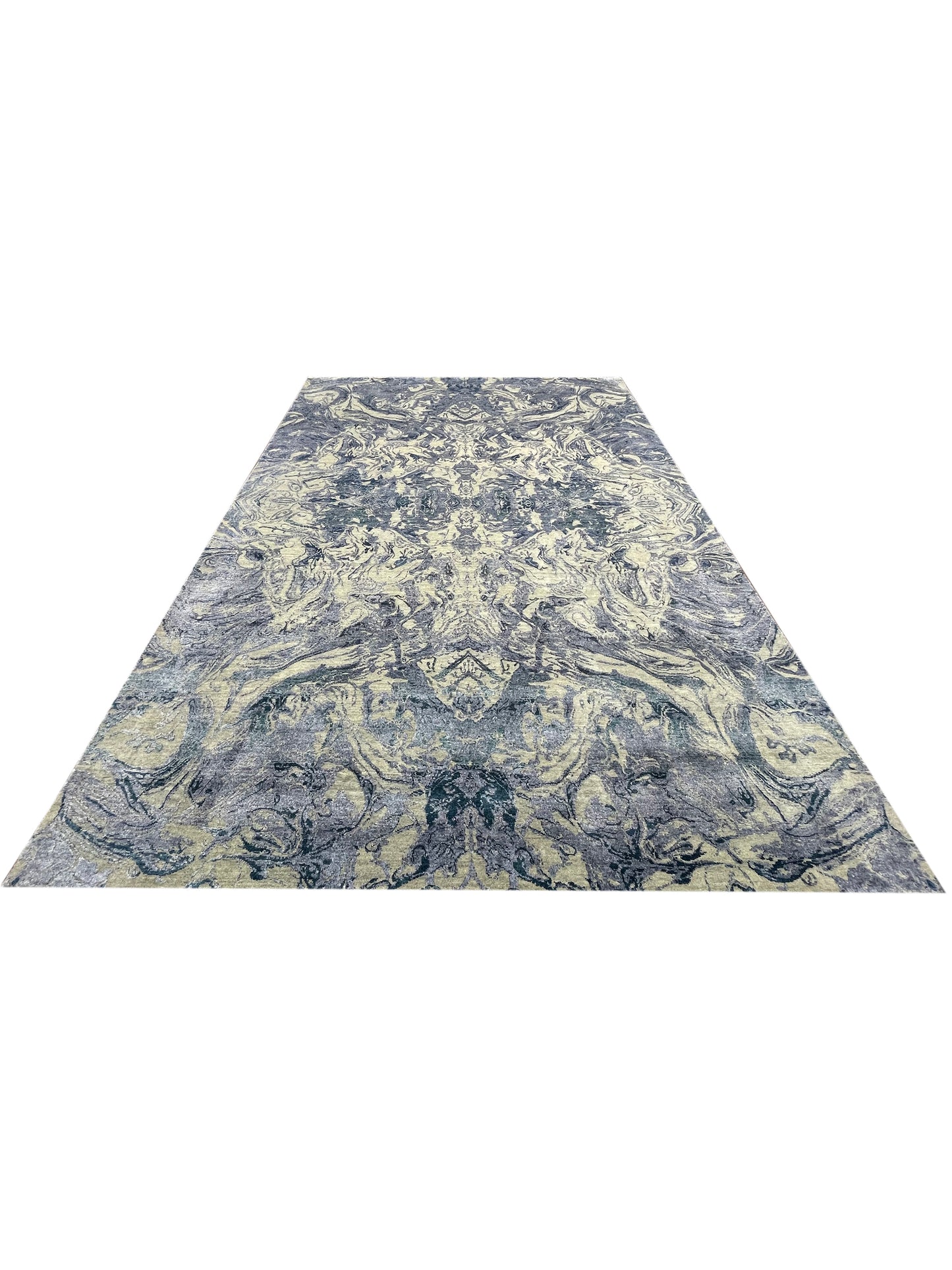 D.Blue and Beige, Viscose and Carved Wool Modern Handknotted 8.0x10.1Ft 244x307Cms Area Rug