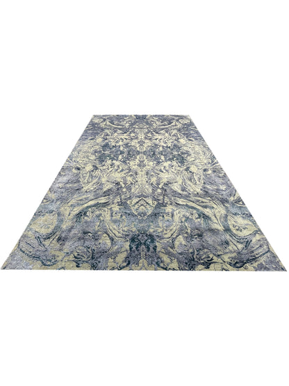 D.Blue and Beige, Viscose and Carved Wool Modern Handknotted 8.0x10.1Ft 244x307Cms Area Rug
