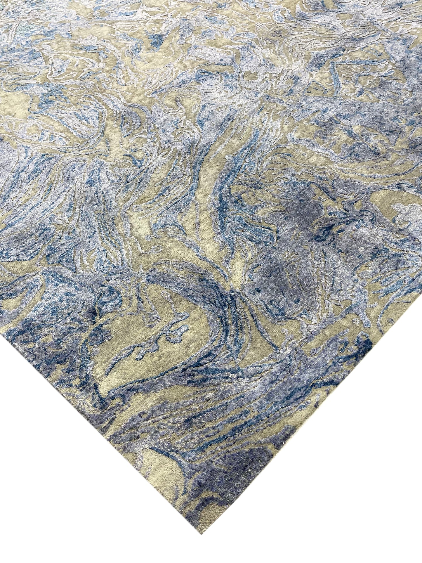 D.Blue and Beige, Viscose and Carved Wool Modern Handknotted 8.0x10.1Ft 244x307Cms Area Rug