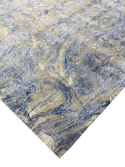 D.Blue and Beige, Viscose and Carved Wool Modern Handknotted 8.0x10.1Ft 244x307Cms Area Rug