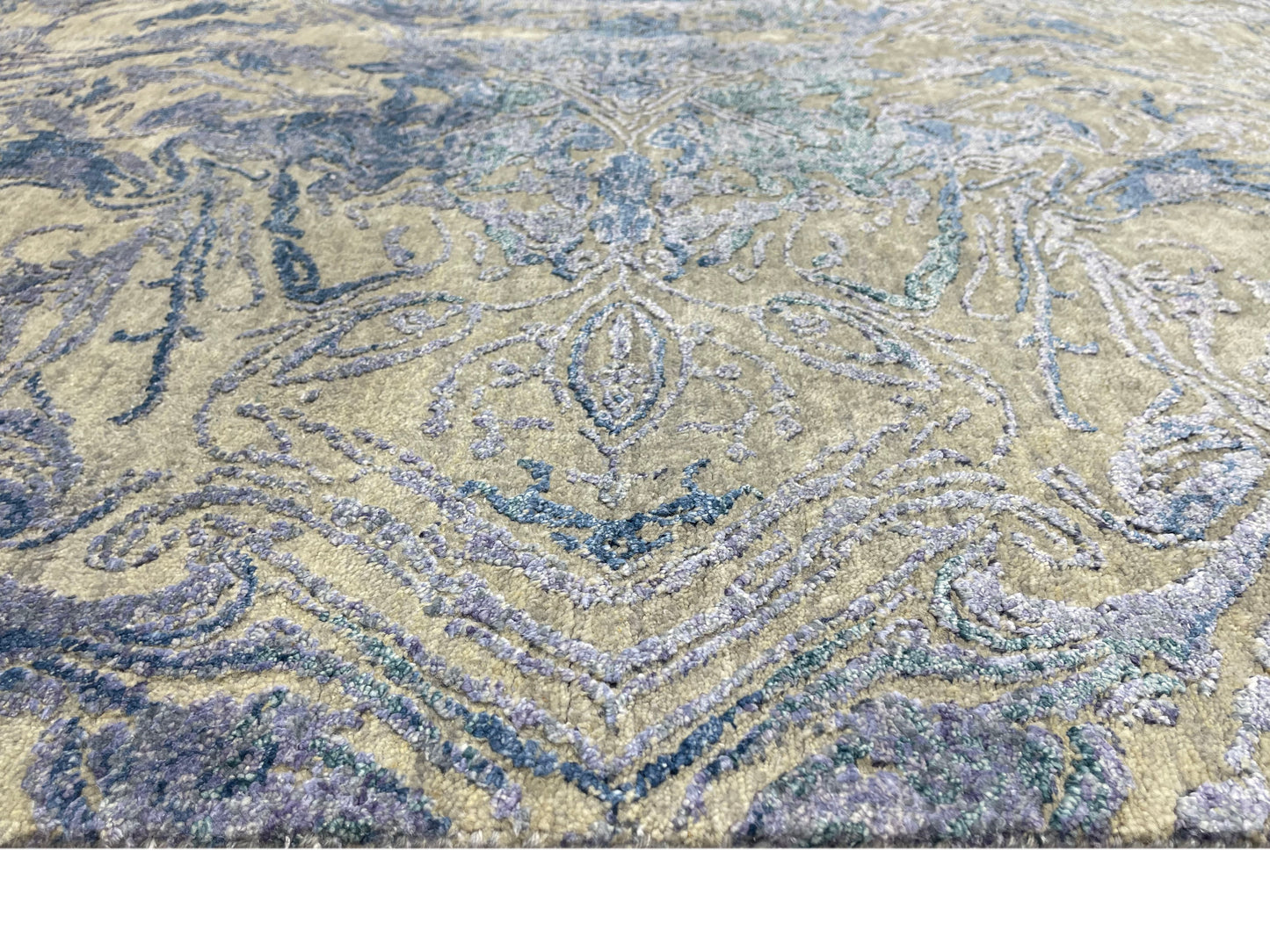 D.Blue and Beige, Viscose and Carved Wool Modern Handknotted 8.0x10.1Ft 244x307Cms Area Rug