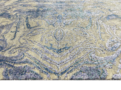D.Blue and Beige, Viscose and Carved Wool Modern Handknotted 8.0x10.1Ft 244x307Cms Area Rug