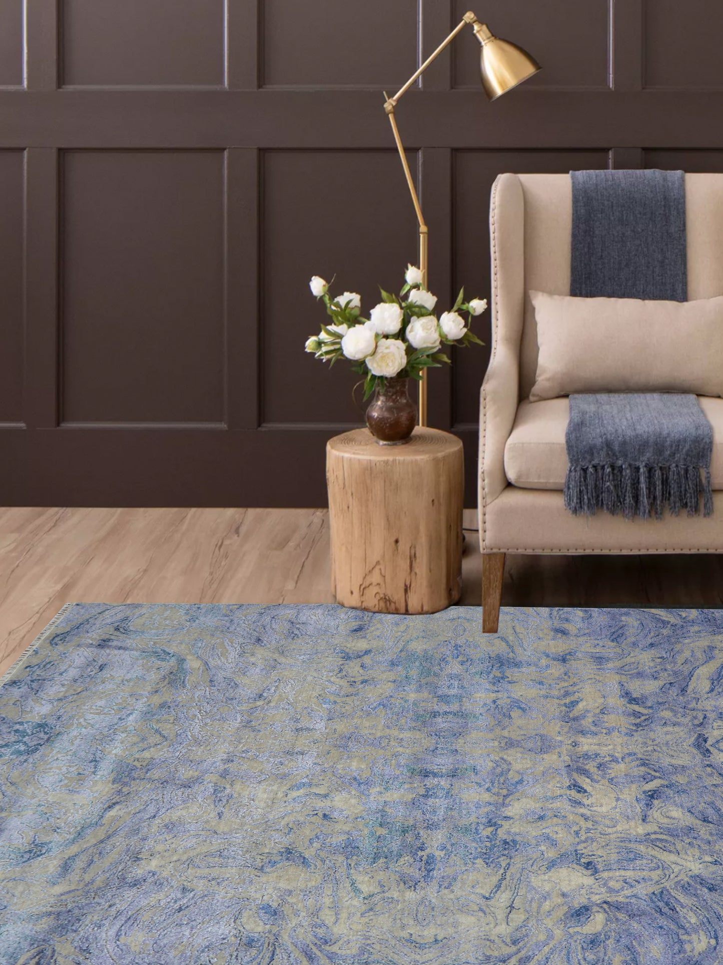 D.Blue and Beige, Viscose and Carved Wool Modern Handknotted 8.0x10.1Ft 244x307Cms Area Rug