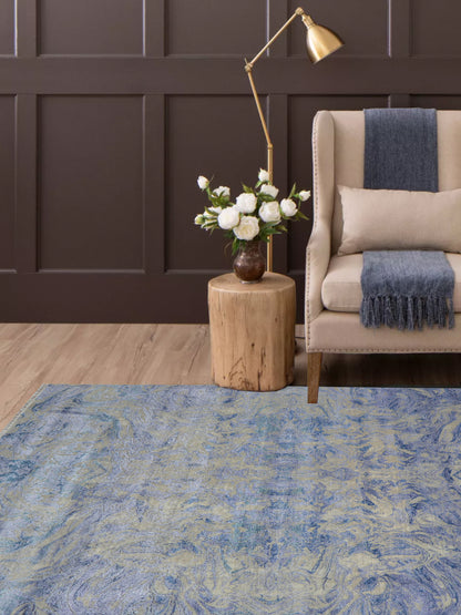 D.Blue and Beige, Viscose and Carved Wool Modern Handknotted 8.0x10.1Ft 244x307Cms Area Rug