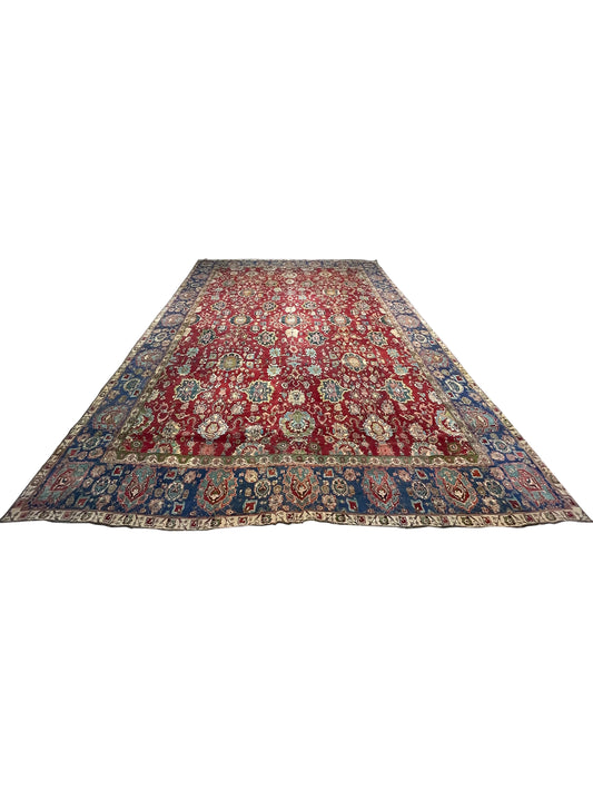 Blue and Red, Pure Wool Antique Handknotted 14.6x17.0Ft 443x518Cms Area Rug