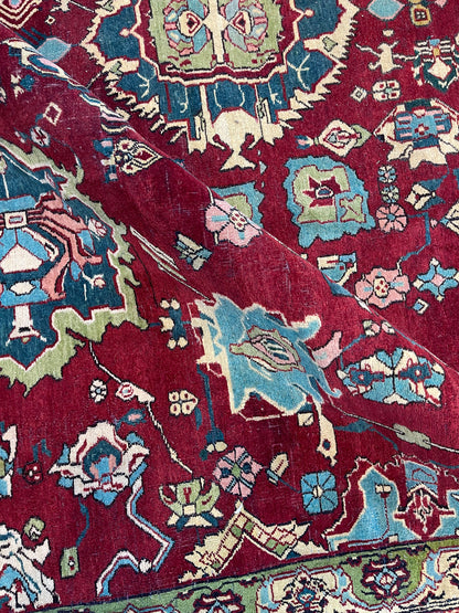 Blue and Red, Pure Wool Antique Handknotted 14.6x17.0Ft 443x518Cms Area Rug