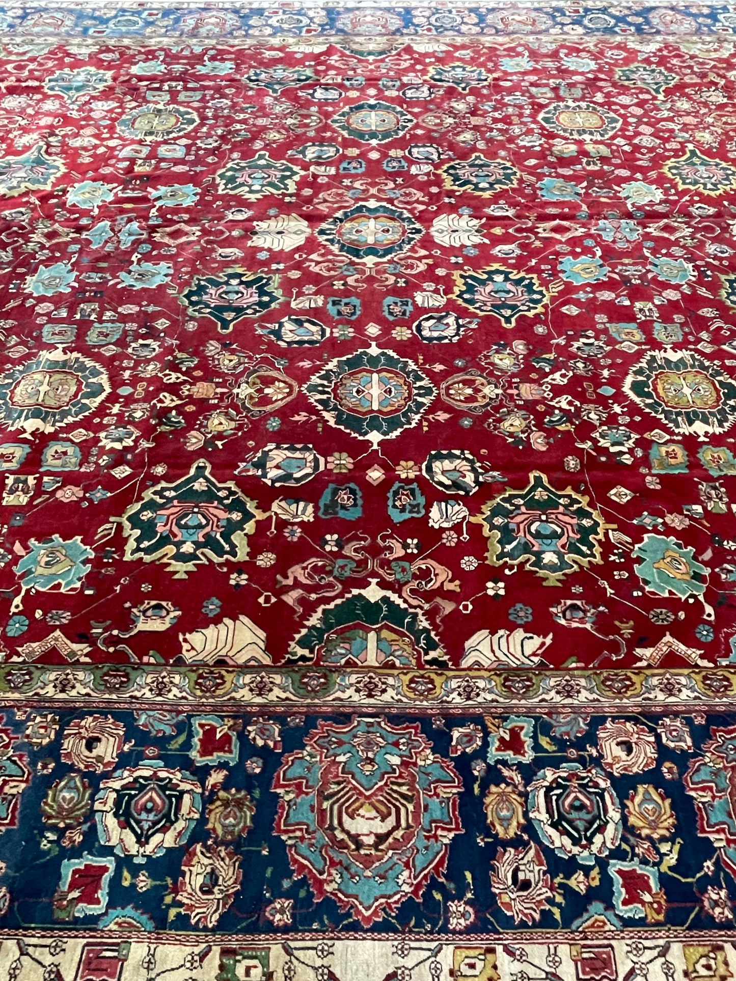 Blue and Red, Pure Wool Antique Handknotted 14.6x17.0Ft 443x518Cms Area Rug