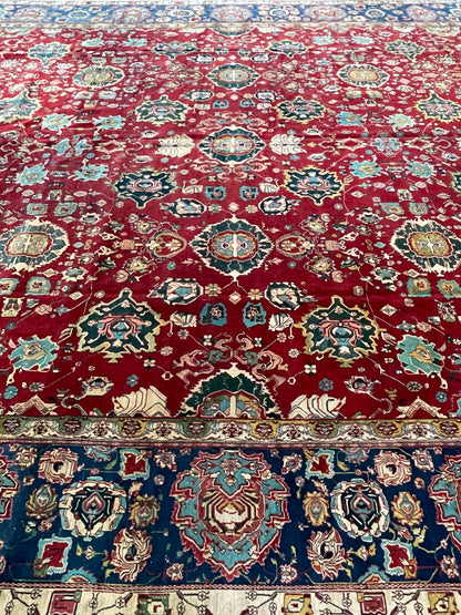 Blue and Red, Pure Wool Antique Handknotted 14.6x17.0Ft 443x518Cms Area Rug