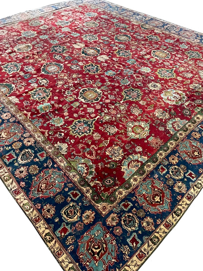 Blue and Red, Pure Wool Antique Handknotted 14.6x17.0Ft 443x518Cms Area Rug