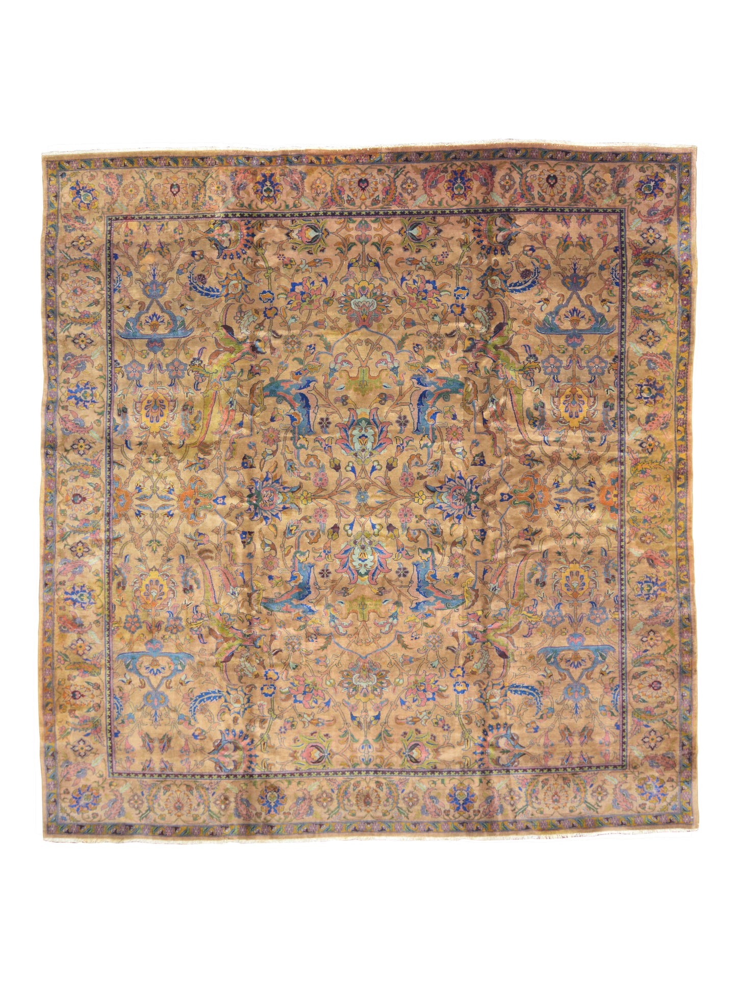 Camel and Blue, Pure Wool Antique Khotan Handknotted 9.11x10.8Ft 321x324Cms Area Rug