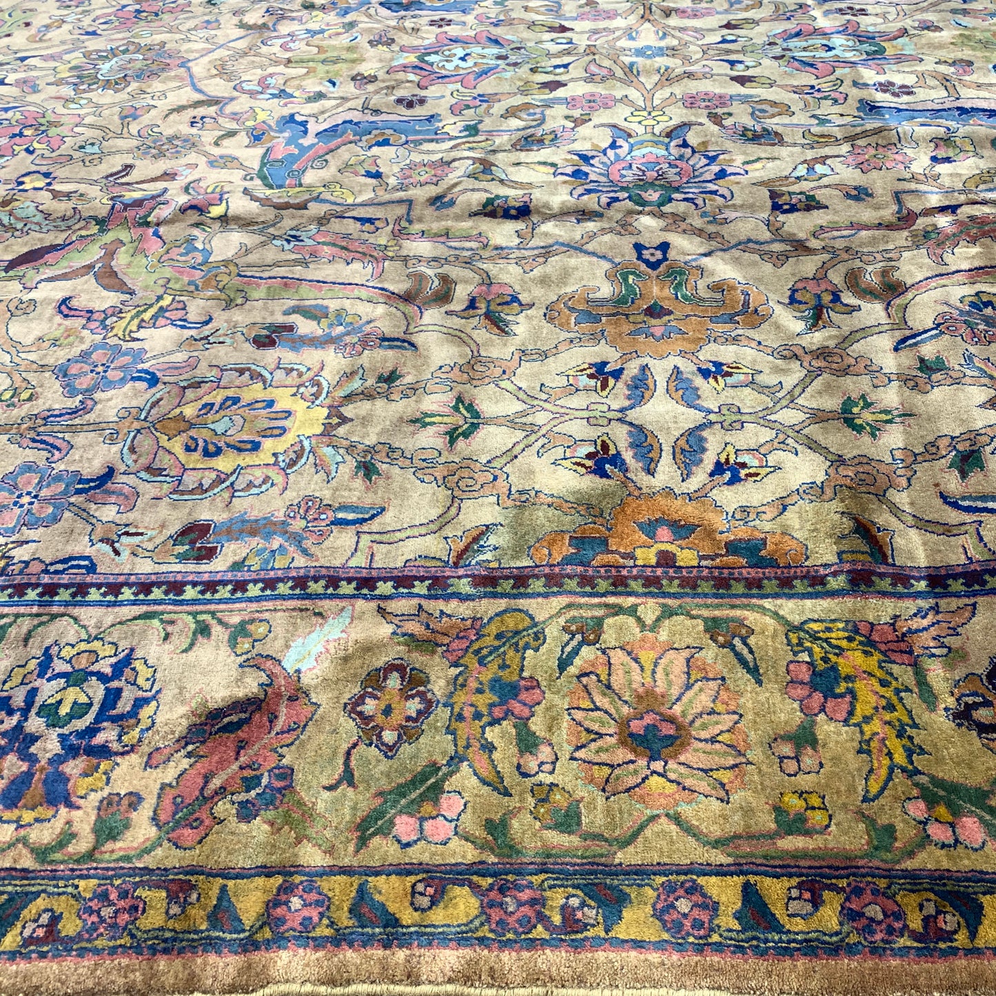 Camel and Blue, Pure Wool Antique Khotan Handknotted 9.11x10.8Ft 321x324Cms Area Rug