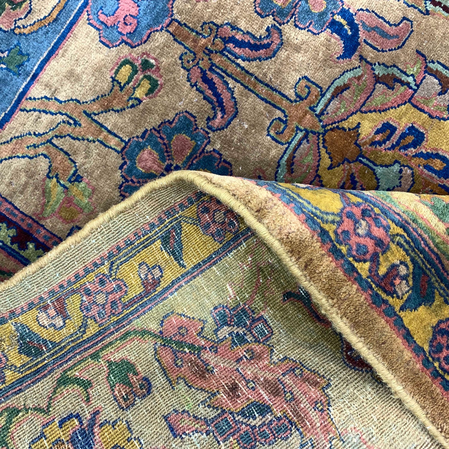 Camel and Blue, Pure Wool Antique Khotan Handknotted 9.11x10.8Ft 321x324Cms Area Rug