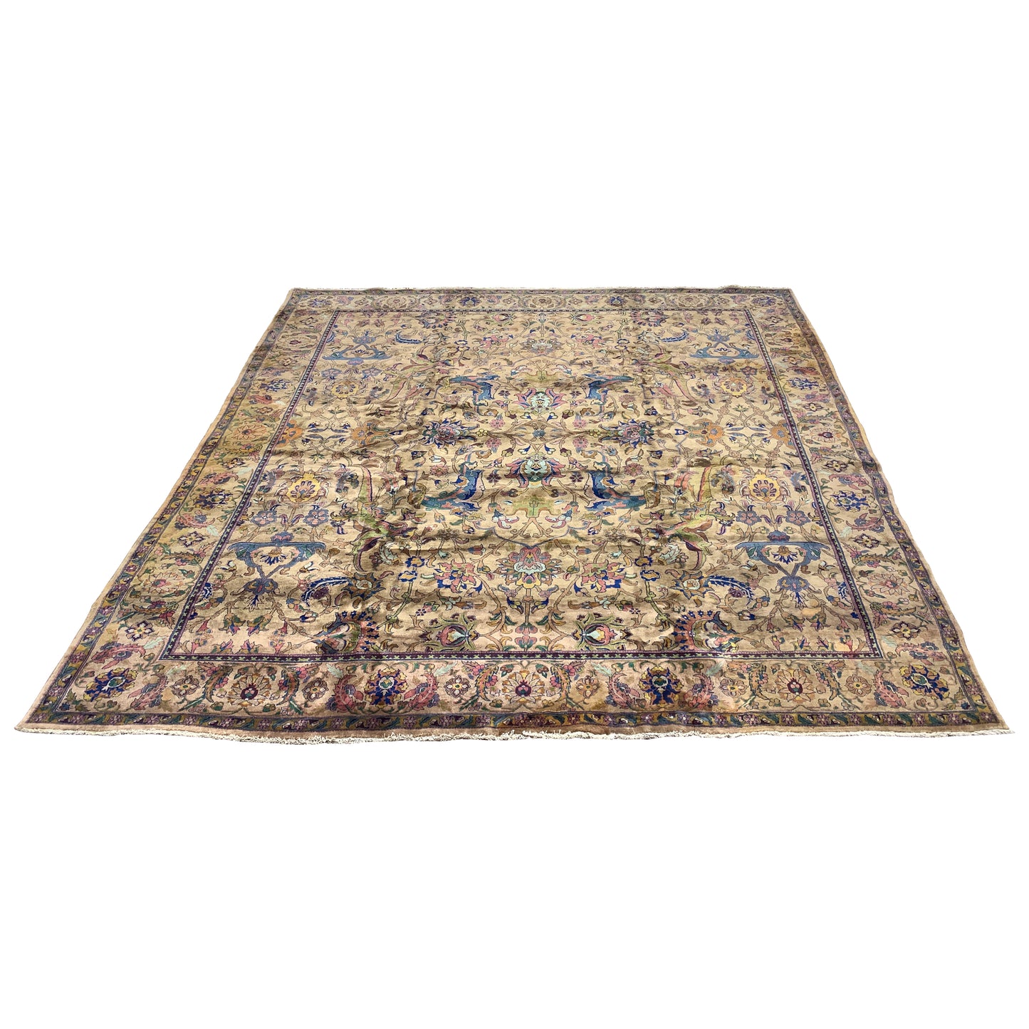 Camel and Blue, Pure Wool Antique Khotan Handknotted 9.11x10.8Ft 321x324Cms Area Rug