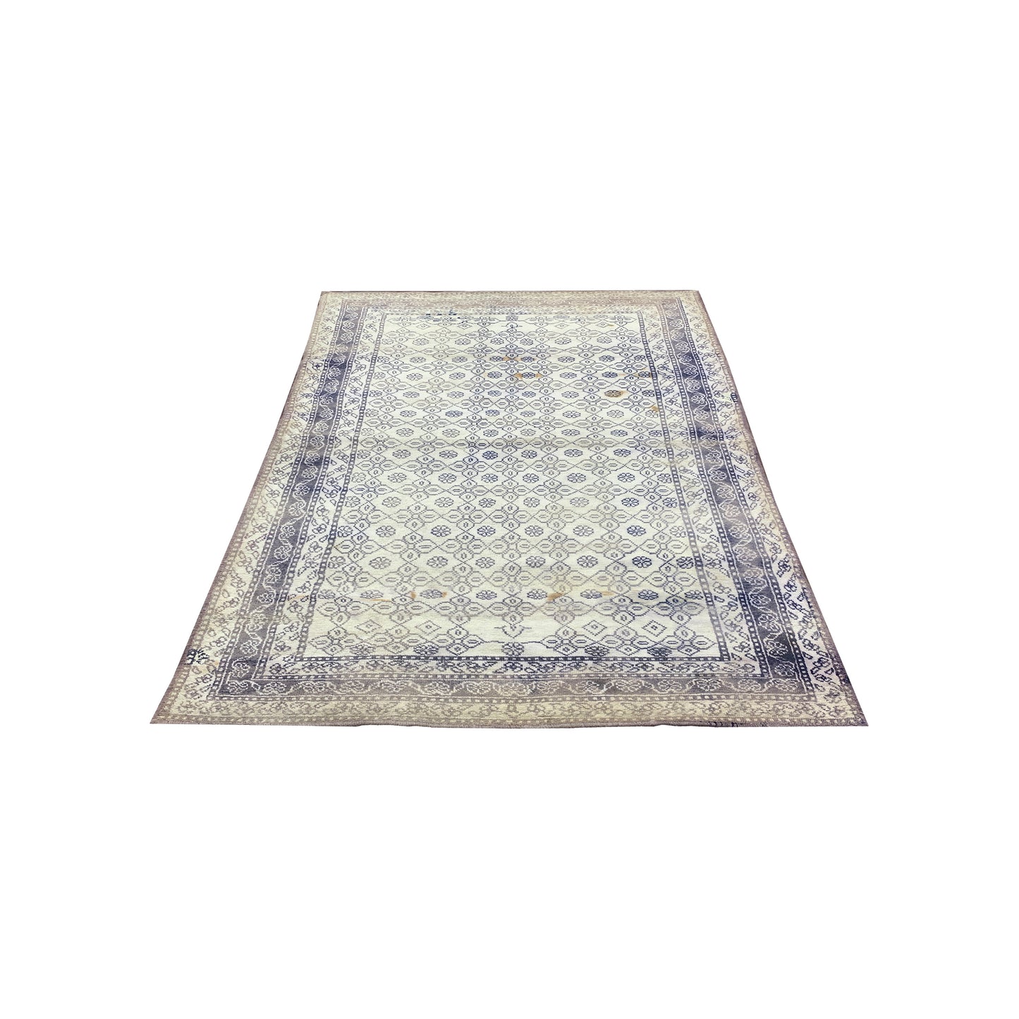 Ivory and Blue, Pure Cotton Antique Khotan Handknotted 3.11x6.10Ft 117x207Cms Area Rug