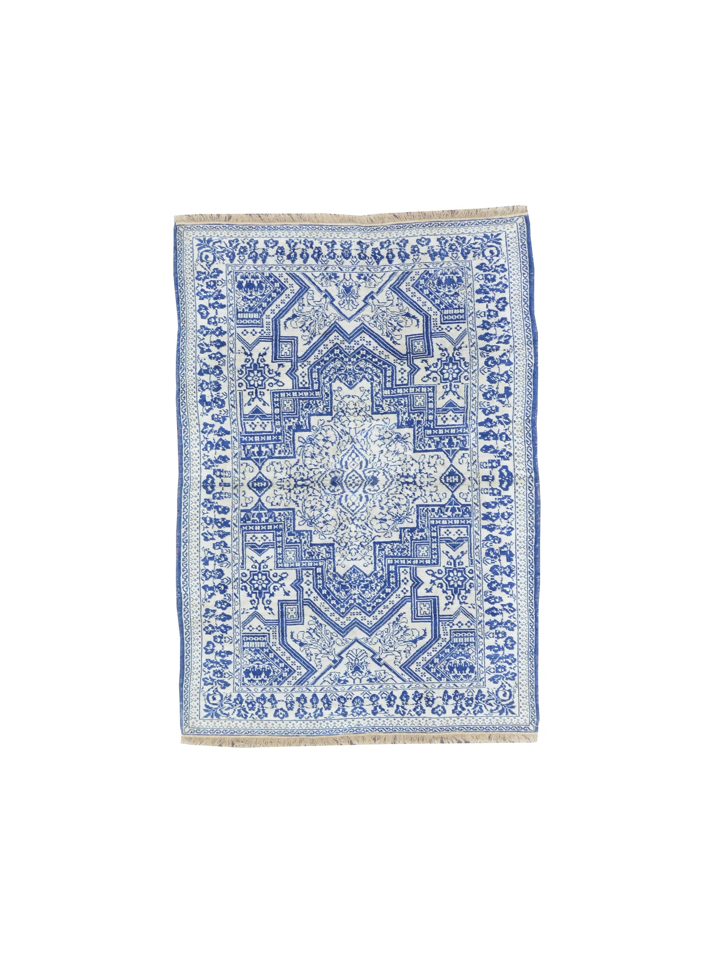 Ivory and Blue, Pure Cotton Antique Khotan Handknotted 4.5x6.10Ft 134x209Cms Area Rug