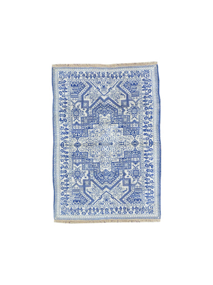 Ivory and Blue, Pure Cotton Antique Khotan Handknotted 4.5x6.10Ft 134x209Cms Area Rug