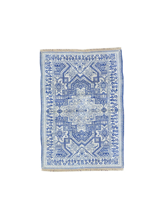 Ivory and Blue, Pure Cotton Antique Khotan Handknotted 4.5x6.10Ft 134x209Cms Area Rug