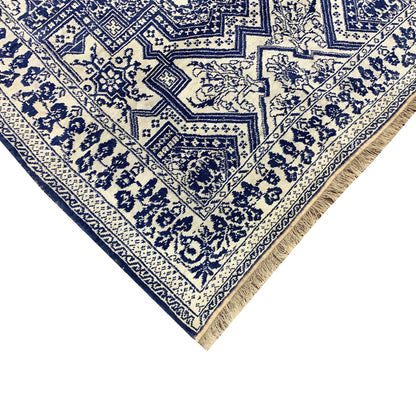 Ivory and Blue, Pure Cotton Antique Khotan Handknotted 4.5x6.10Ft 134x209Cms Area Rug