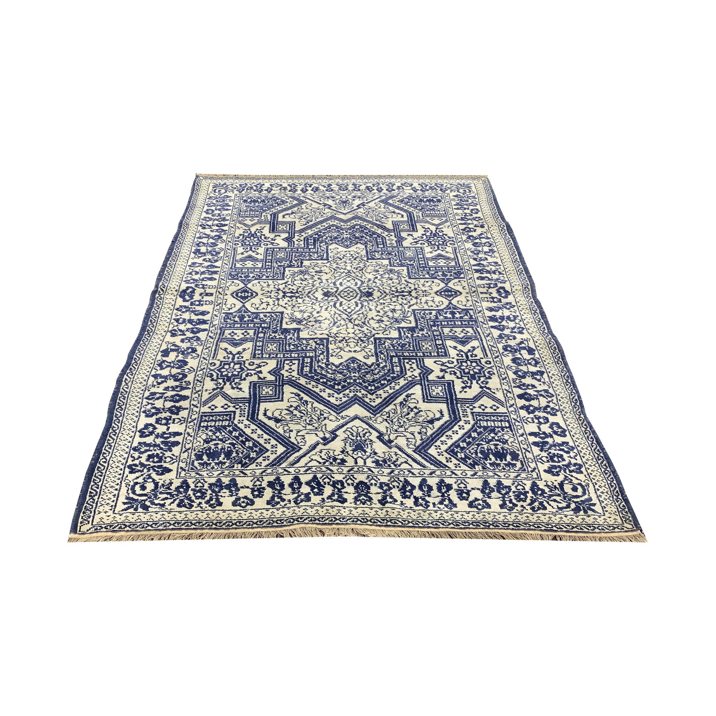 Ivory and Blue, Pure Cotton Antique Khotan Handknotted 4.5x6.10Ft 134x209Cms Area Rug